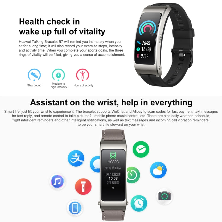 Original Huawei TalkBand B7 Smart Bracelet, 1.53 inch Screen, Support Bluetooth Call / Heart Rate / Blood Oxygen / Sleep Monitoring (Grey) by Huawei