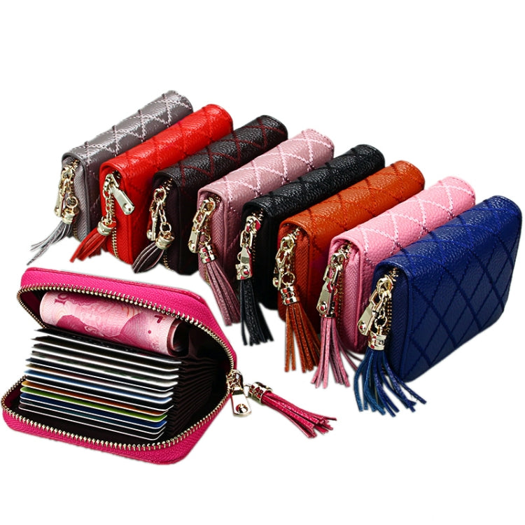 Genuine Cowhide Leather Grid Texture Zipper Card Holder Wallet RFID Blocking Card Bag Protect Case Coin Purse with Tassel Pendant & 15 Card Slots for Women, Size: 11.1*7.9*3.5cm(Magenta) by bashfashion