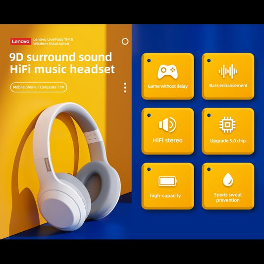 Lenovo TH10 Wireless Bluetooth Gaming Bass Music Sports Noise-cancelling Headphone(White) by Lenovo