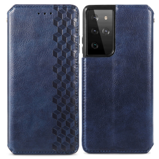 For Samsung Galaxy S21 Ultra 5G Cubic Grid Pressed Horizontal Flip Magnetic PU Leather Case with Holder & Card Slots & Wallet(Blue) by bashfashion