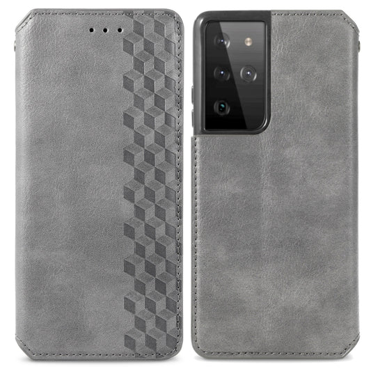 For Samsung Galaxy S21 Ultra 5G Cubic Grid Pressed Horizontal Flip Magnetic PU Leather Case with Holder & Card Slots & Wallet(Gray) by bashfashion