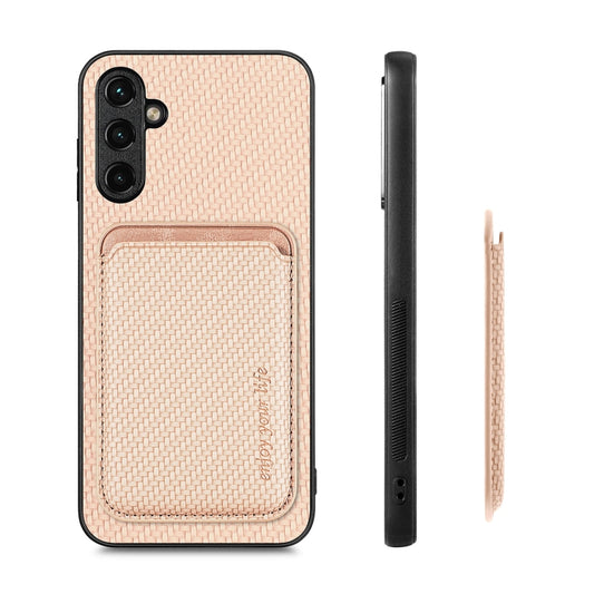 For Samsung Galaxy A14 5G Carbon Fiber Leather Card Magsafe Magnetic Phone Case(Khaki) by bashfashion