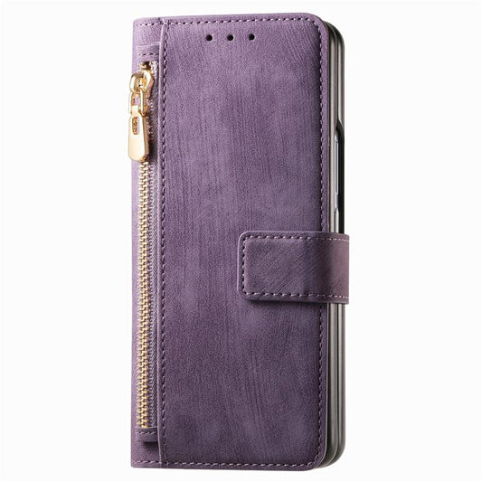 For Samsung Galaxy Z Fold4 Retro MagSafe Magnetic Zipper Wallet Leather Phone Case(Purple) by bashfashion