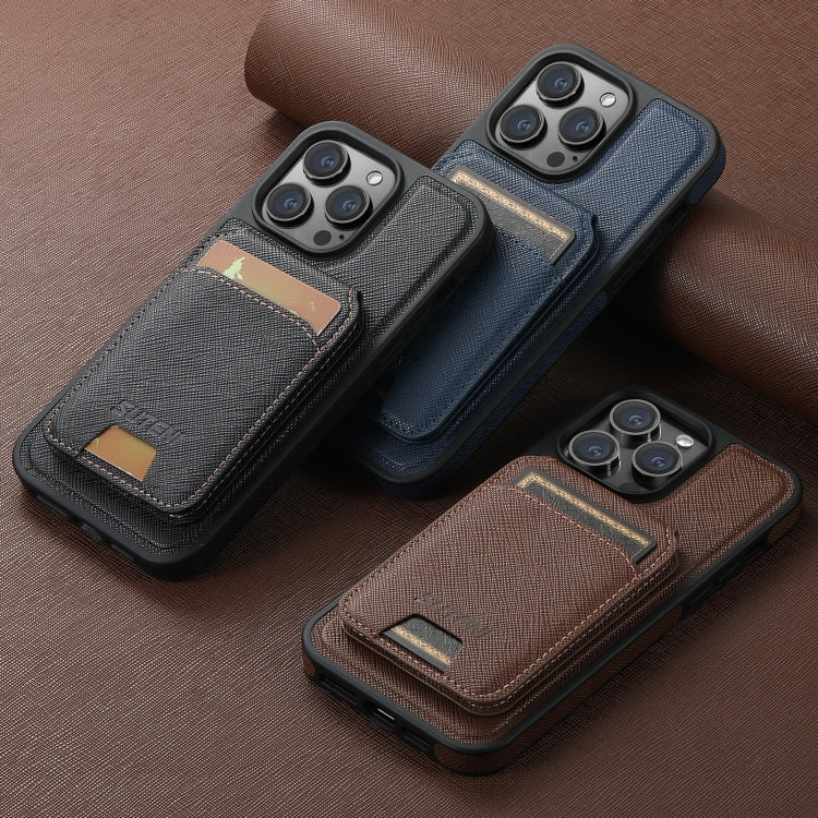For iPhone 13 Pro Suteni M2 Cross-Grain MagSafe Vertical Card Back Phone Case(Brown) by Suteni