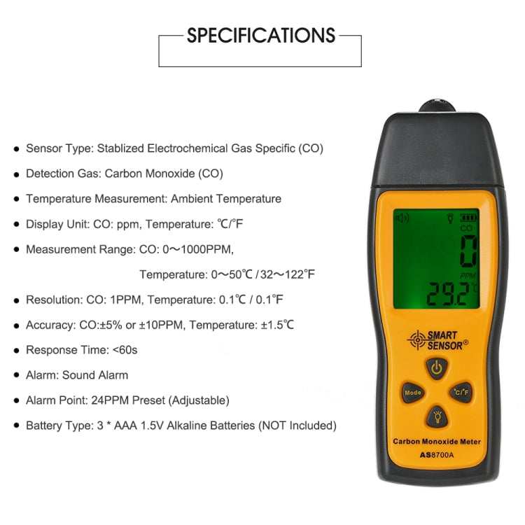 Smart Sensor AS8700A Handheld Carbon Monoxide Meter High Precision Digital CO Leak Detector Analyzer, Sound Light Alarm, Range: 0-1000ppm by SMART SENSOR
