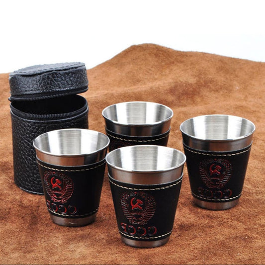 4 in 1 70ml Outdoor Camping Tableware Travel Cups Set Picnic Supplies Stainless Steel Wine Beer Cup Whiskey Mugs PU Leather by bashfashion