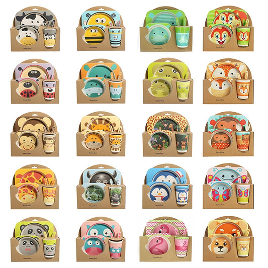 Baby Dish Tableware Set Cartoon Fork Feeding Dishes for Kids Utensils Natural Bamboo Fiber Bowl With Cup Spoon Plate(Penguin) by bashfashion