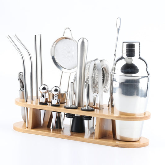 18 in 1 Stainless Steel Cocktail Shaker Set, Oval Bamboo Base, Bar Tool Set, Specification: 350ml by bashfashion