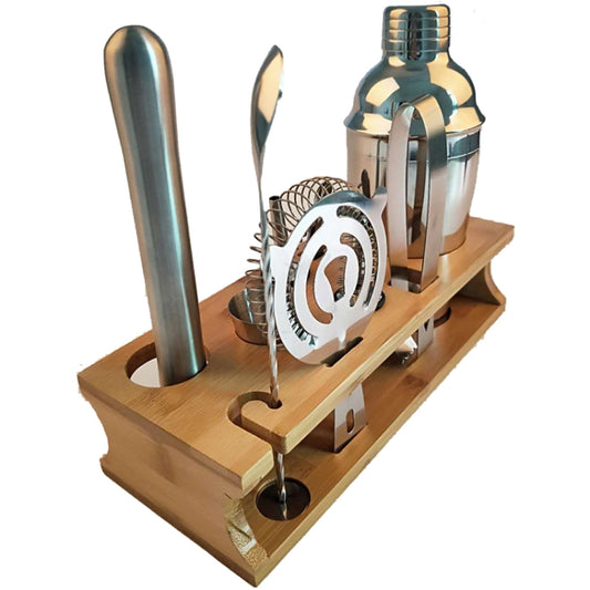 10 in 1 Stainless Steel Shaker Bamboo Stand Set Oblique Mouth Bar Cocktail Bartending Tool, Specification: 550ml by bashfashion