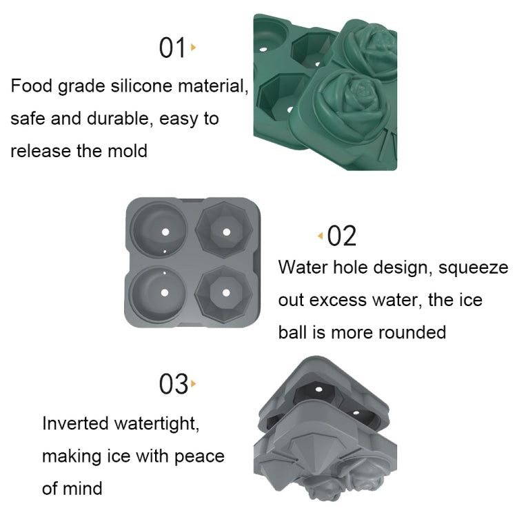 4-Holes Rose Diamond Shape Cocktail Ice Cube Molds Silicone Ice Ball Maker, Color: Dark Green with Ice Clip by bashfashion