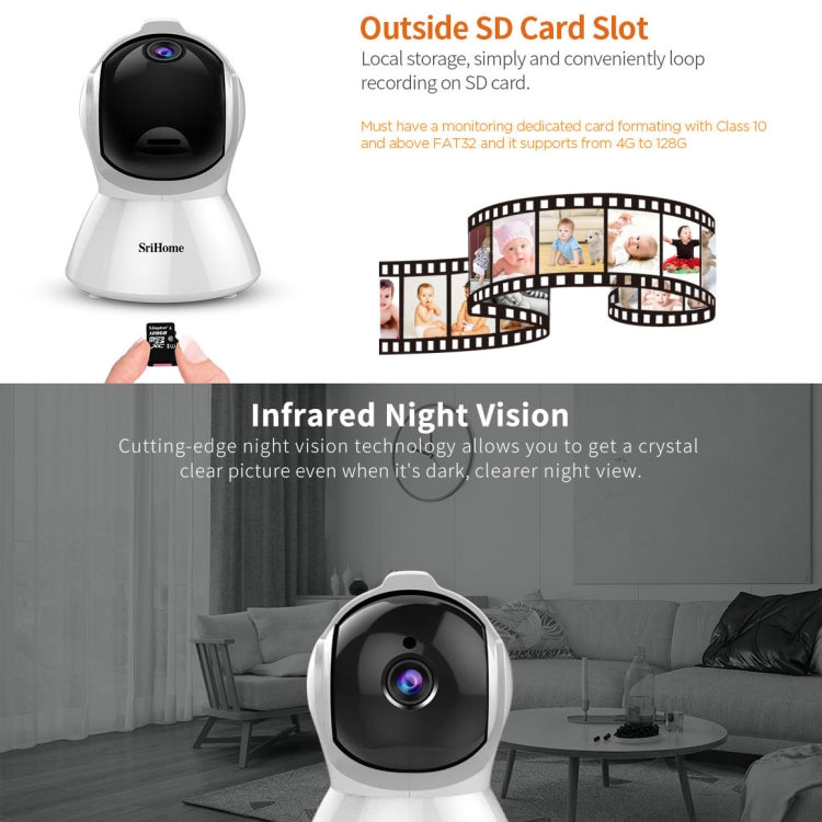SriHome SH025 2.0 Million Pixels 1080P HD AI Auto-tracking IP Camera, Support Two Way Audio / Motion Tracking / Humanoid Detection / Night Vision / TF Card, EU Plug by SriHome