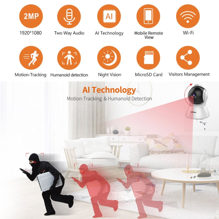 SriHome SH025 2.0 Million Pixels 1080P HD AI Auto-tracking IP Camera, Support Two Way Audio / Motion Tracking / Humanoid Detection / Night Vision / TF Card, EU Plug by SriHome