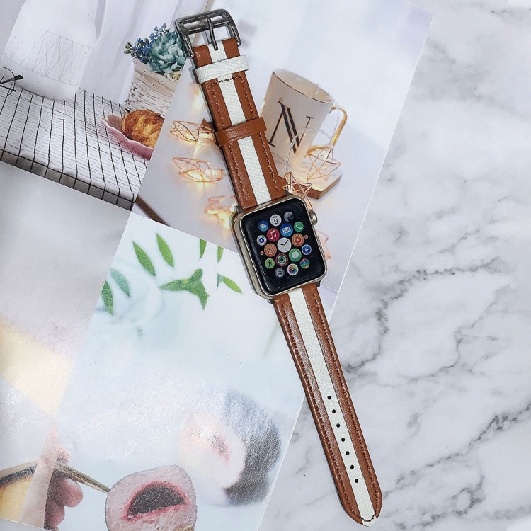 Two-color Stitching Lychee Texture Leather Watch Band For Apple Watch Series 9&8&7 41mm / SE 3&SE 2&6&SE&5&4 40mm / 3&2&1 38mm(Brown White) by bashfashion