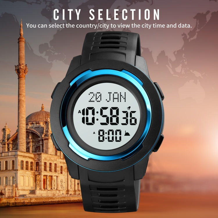 SKMEI 1729 Qibla Calendar Timing Multifunctional LED Digital Display Luminous Electronic Watch(Blue and White) by SKMEI