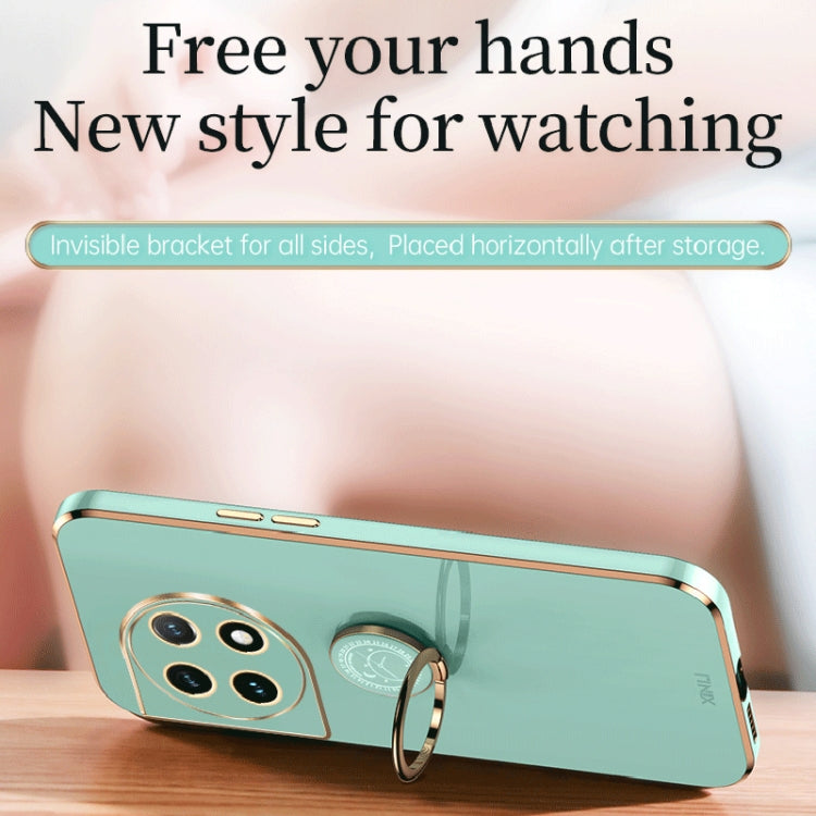 For OnePlus 11 XINLI Straight Edge 6D Electroplate TPU Phone Case with Ring Holder(Mint Green) by XINLI