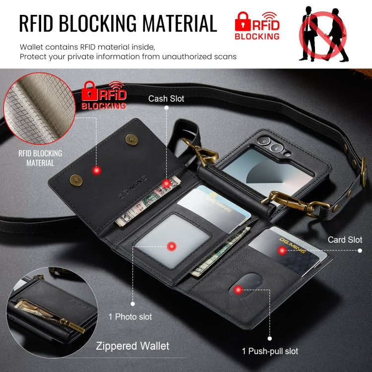 For Samsung Galaxy Z Flip6 DG.MING M5 Series Zip RFID Multi Card Detachable Leather Phone Case with Long Lanyard(Black) by DG.MING
