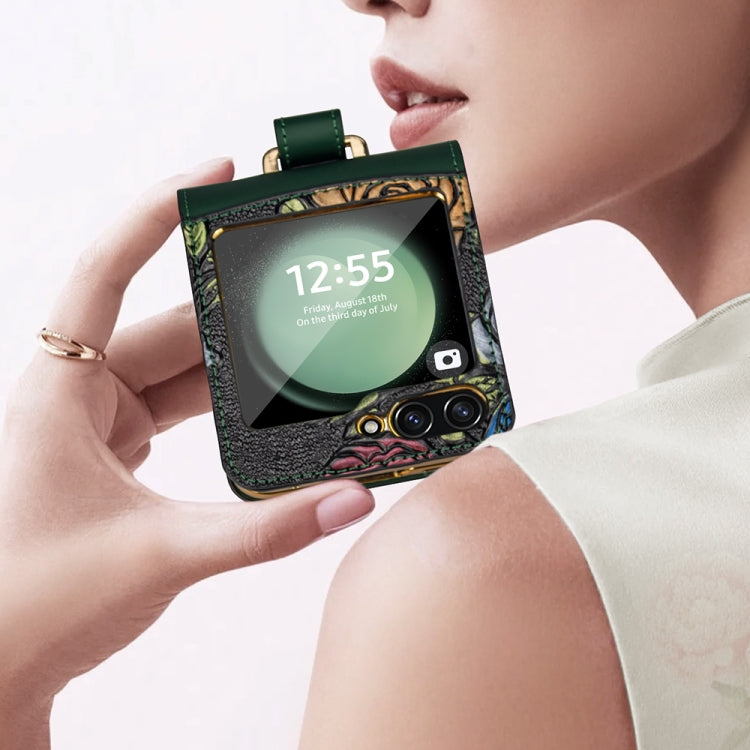 For Samsung Galaxy Z Flip5 VIETAO Integrated Embossed Pattern Full Coverage Phone Case with Wrist Strap(Brown) by VIETAO