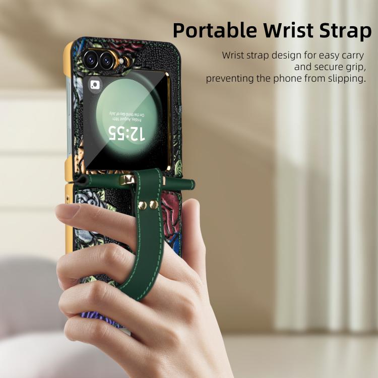 For Samsung Galaxy Z Flip6 VIETAO Integrated Embossed Pattern Full Coverage Phone Case with Wrist Strap(Black) by VIETAO