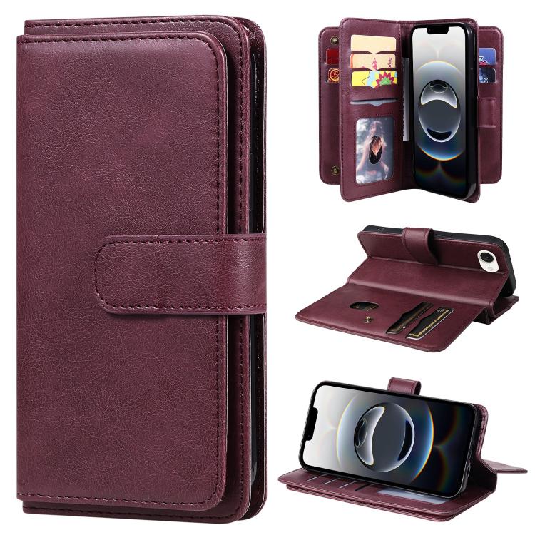For iPhone 16e Multi-Function Wallet 10 Card Slots Leather Phone Case(Claret) by bashfashion