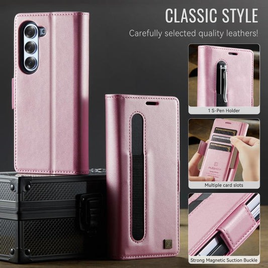 For Samsung Galaxy Z Fold5 5G AutSpace A11 Side Buckle MagSafe Magnetic RFID Phone Leather Case(Rose Gold) by AutSpace