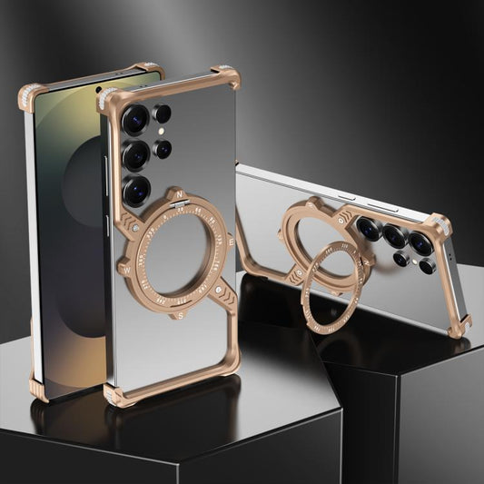 For Samsung Galaxy S24 Ultra 5G S Shaped 360 Holder Airbag Frameless MagSafe Metal Phone Case(Desert Gold) by bashfashion