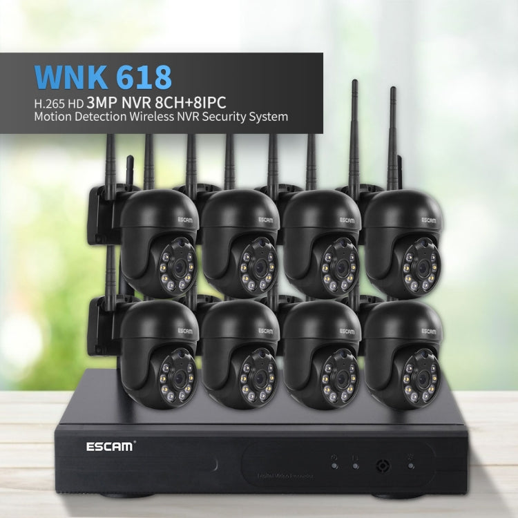 ESCAM WNK618 3.0 Million Pixels 8-channel Wireless Dome Camera HD NVR Security System, Support Motion Detection & Two-way Audio & Full-color Night Vision & TF Card, AU Plug by ESCAM
