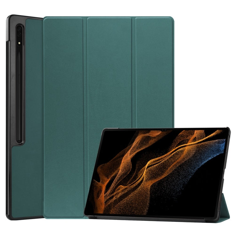 For Samsung Galaxy Tab S9 Ultra JUNSUNMAY Custer Solid Color 3-Fold Stand Leather Smart Tablet Case(Dark Green) by JUNSUNMAY
