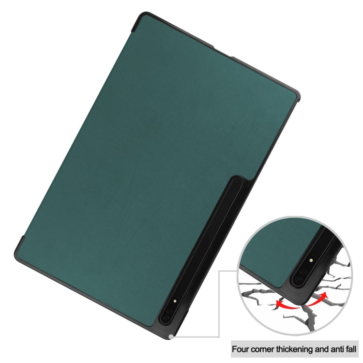 For Samsung Galaxy Tab S9 Ultra JUNSUNMAY Custer Solid Color 3-Fold Stand Leather Smart Tablet Case(Dark Green) by JUNSUNMAY