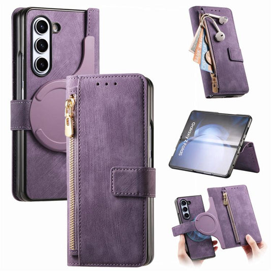 For Samsung Galaxy Z Fold5 5G Retro MagSafe Magnetic Zipper Wallet Leather Phone Case(Purple) by bashfashion