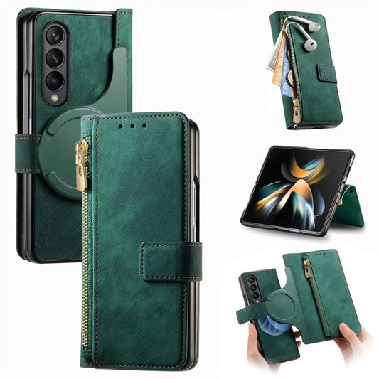 For Samsung Galaxy Z Fold4 Retro MagSafe Magnetic Zipper Wallet Leather Phone Case(Green) by bashfashion