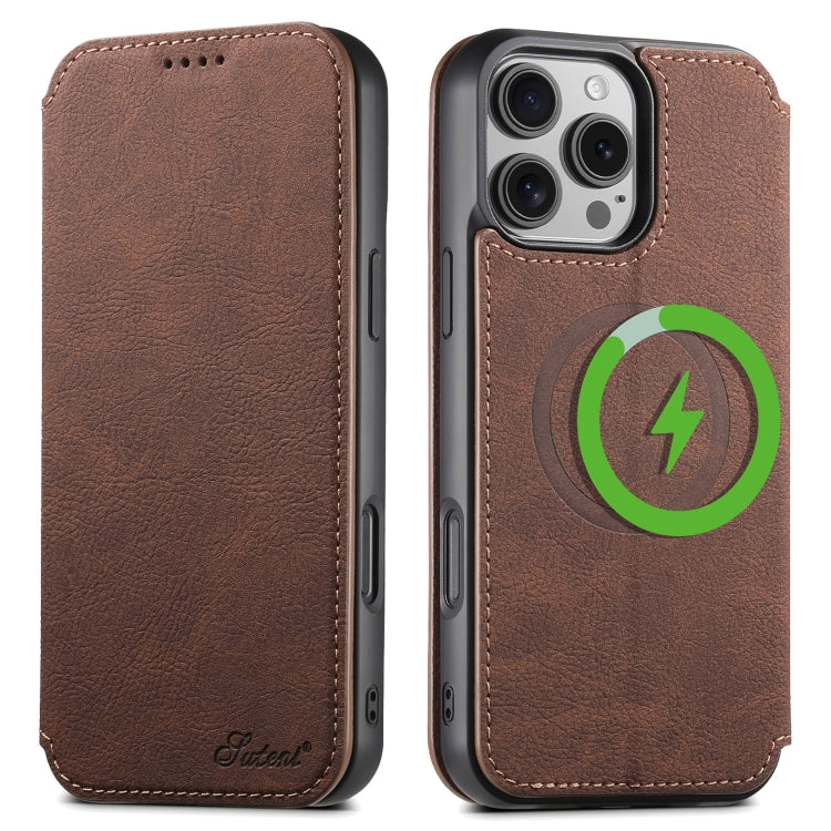 For iPhone 16 Pro Max Suteni J06 Retro Matte Litchi Texture Leather MagSafe Phone Case(Brown) by Suteni