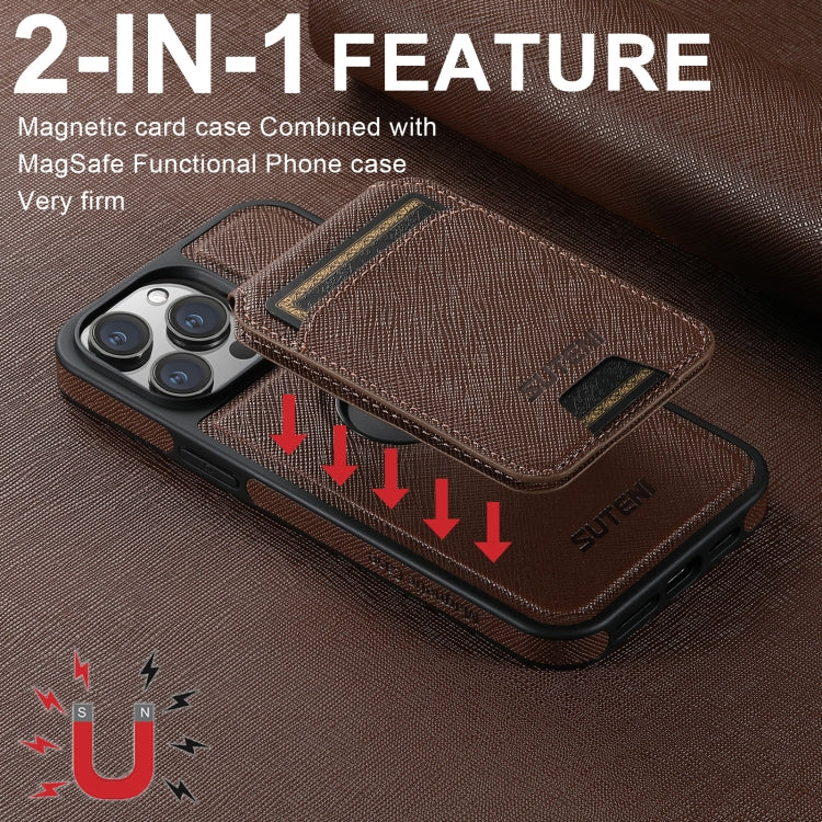 For iPhone 16 Suteni M2 Cross-Grain MagSafe Vertical Card Back Phone Case(Brown) by Suteni