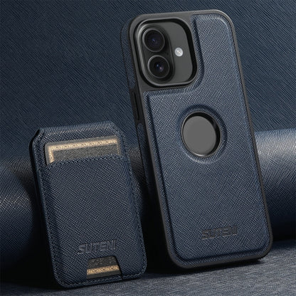 For iPhone 16 Suteni M2 Cross-Grain MagSafe Vertical Card Back Phone Case(Blue) by Suteni