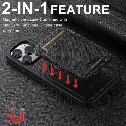 For iPhone 16 Plus Suteni M2 Cross-Grain MagSafe Vertical Card Back Phone Case(Black) by Suteni