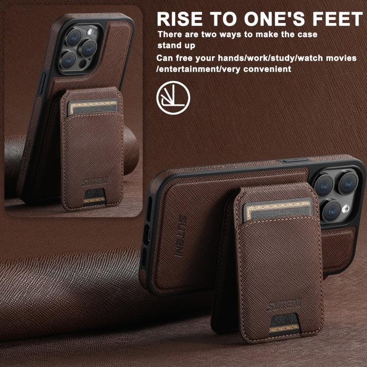 For iPhone 16 Plus Suteni M2 Cross-Grain MagSafe Vertical Card Back Phone Case(Brown) by Suteni