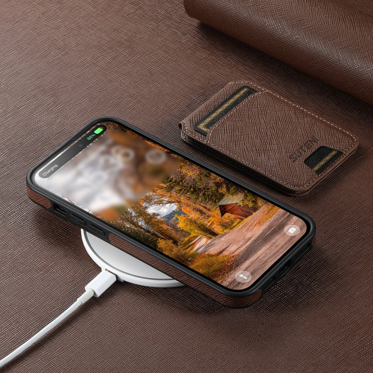 For iPhone 16 Plus Suteni M2 Cross-Grain MagSafe Vertical Card Back Phone Case(Brown) by Suteni