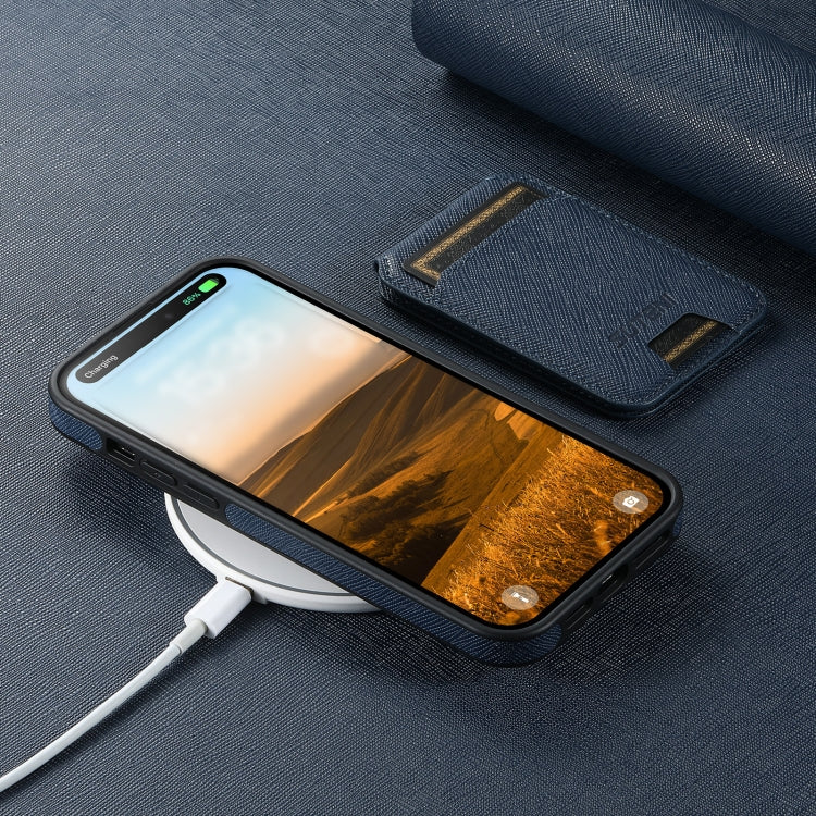 For iPhone 16 Plus Suteni M2 Cross-Grain MagSafe Vertical Card Back Phone Case(Blue) by Suteni
