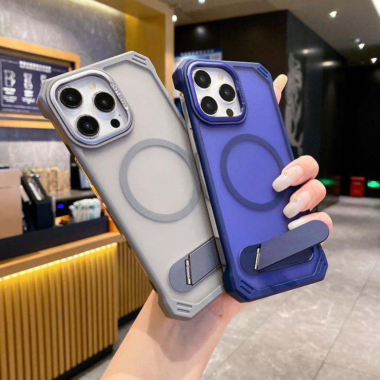 For iPhone 16 Plus Skin Feel Frameless MagSafe PC Phone Case with Fold Holder(Grey) by bashfashion