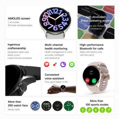 Sense 6 1.43 AMOLED Screen IP68 Waterproof Bluetooth Call Smartwatch Supports Health Monitoring(Starlight) by bashfashion